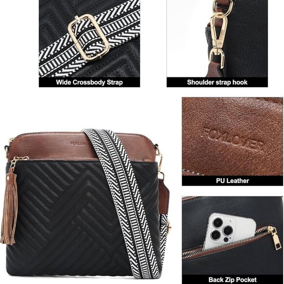 Brand New Crossbody Bag 8.8in Black Brown Zipper - Picture 5 of 6